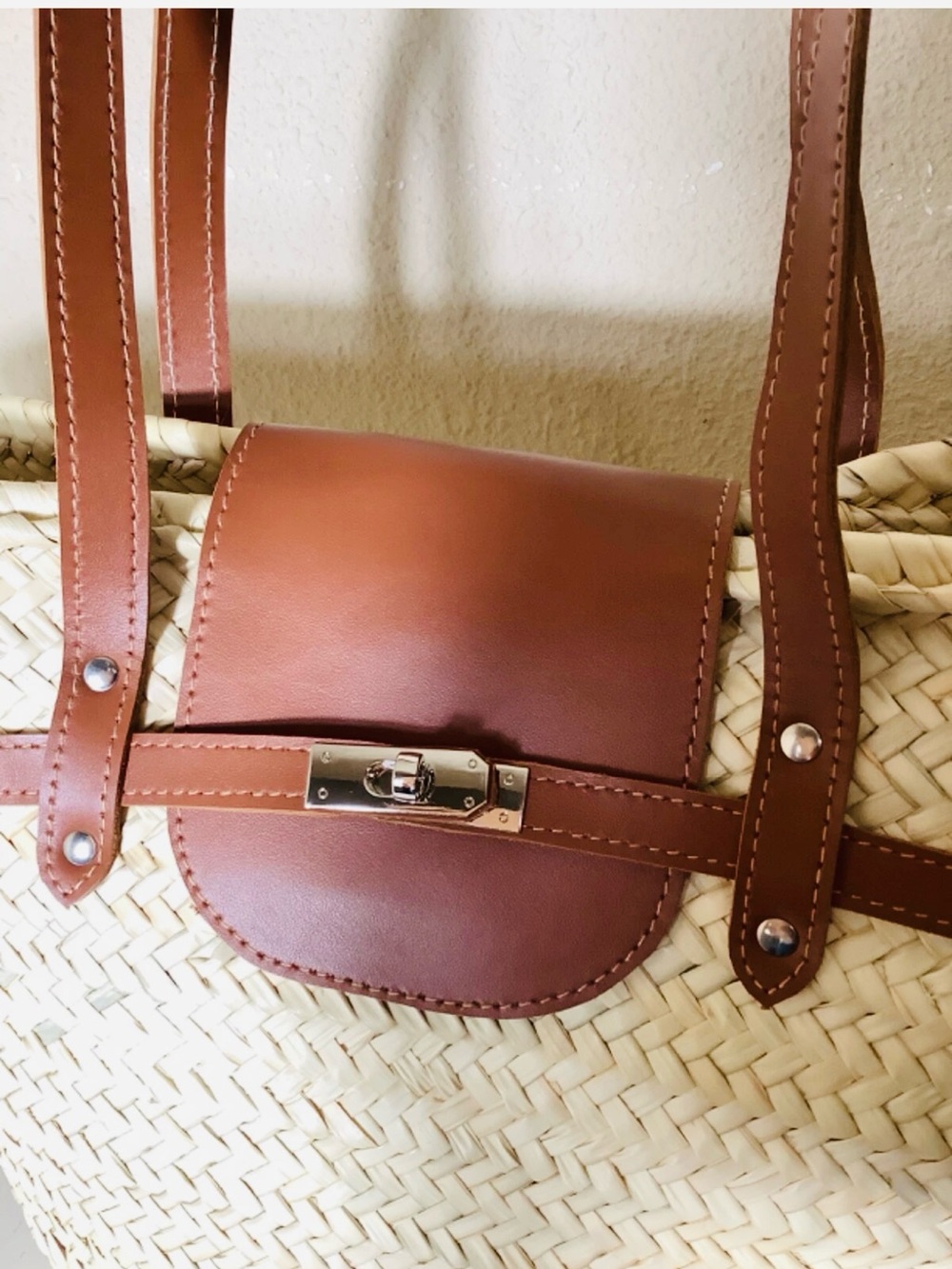 Moroccan Handmade straw french baskets with removable leather straps -Size Large - Picture 2 of 13